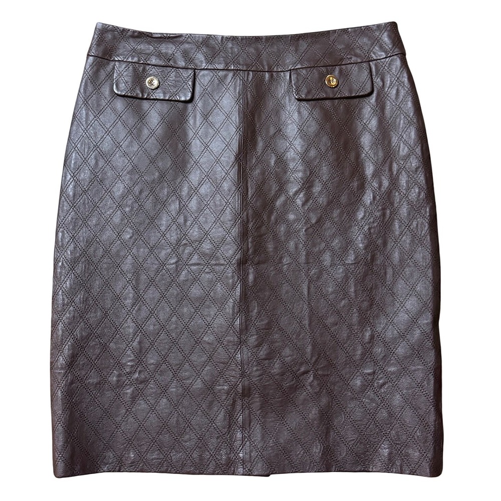 Chadwicks Brown Quilted Leather Pencil Skirt Size 10 Diamond Pattern Knee Length